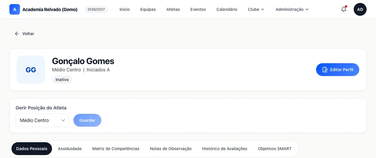 Cabeçalho do perfil de um atleta com os separadores de dados, assiduidade, competências, notas, avaliações e objetivos