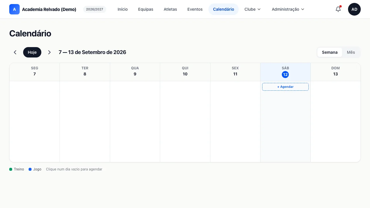 Calendário mensal de treinos e jogos